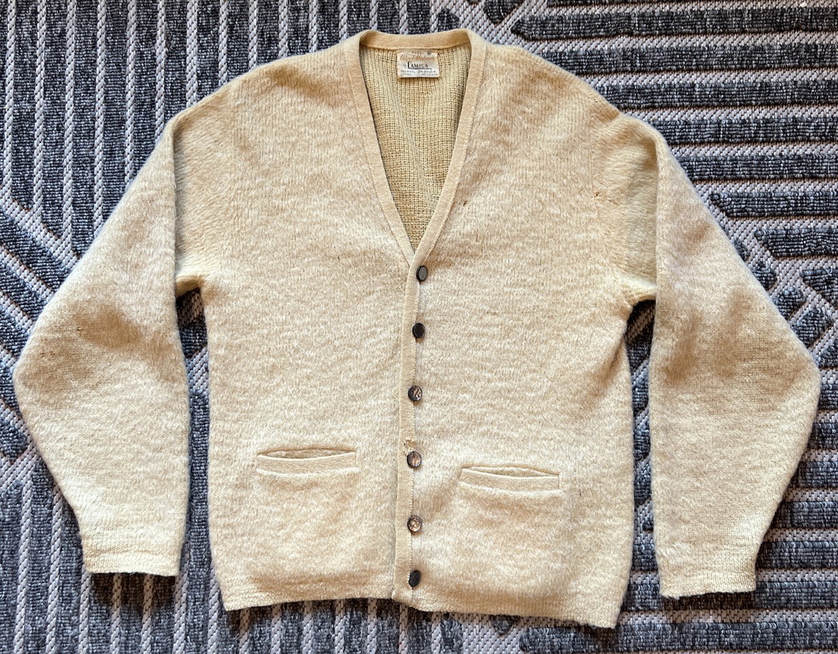 1960'S VINTAGE CAMPUS MOHAIR CARDIGAN Beige Tan Kurt Donald Cobain