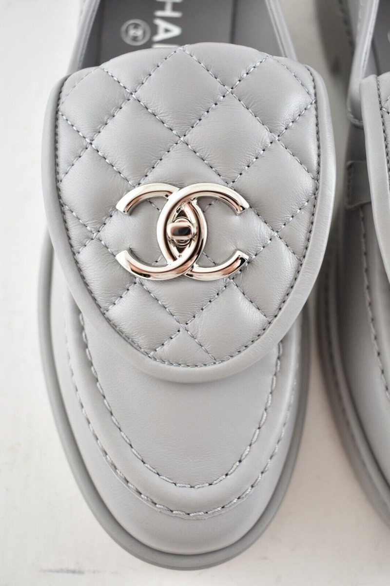 Chanel 21B Grey Quilted Flap Turnlock CC Logo Silver Mule Slip On