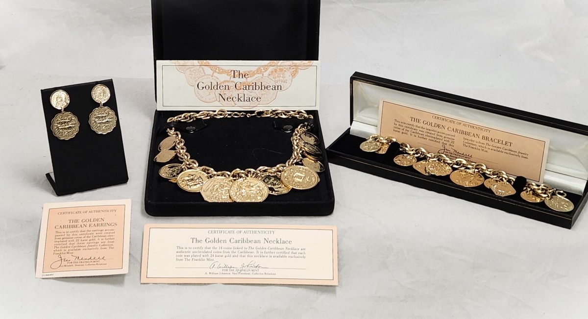 1986 The Franklin Mint Golden Caribbean Coin Necklace Bracelet and