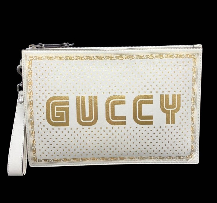 GUCCI White Gold Clutch Bag w/ box Unisex Rare Used Tokyo Limited