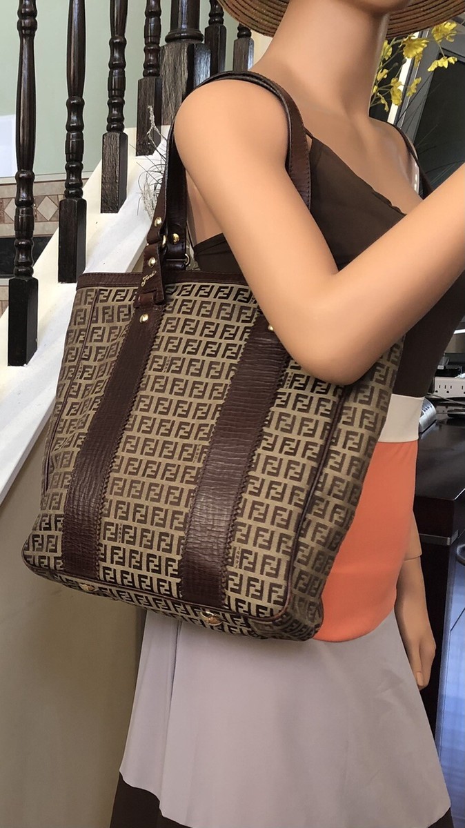 Authentic Fendi Zucchino Brown Canvas Leather Shoulder Bag | eBay