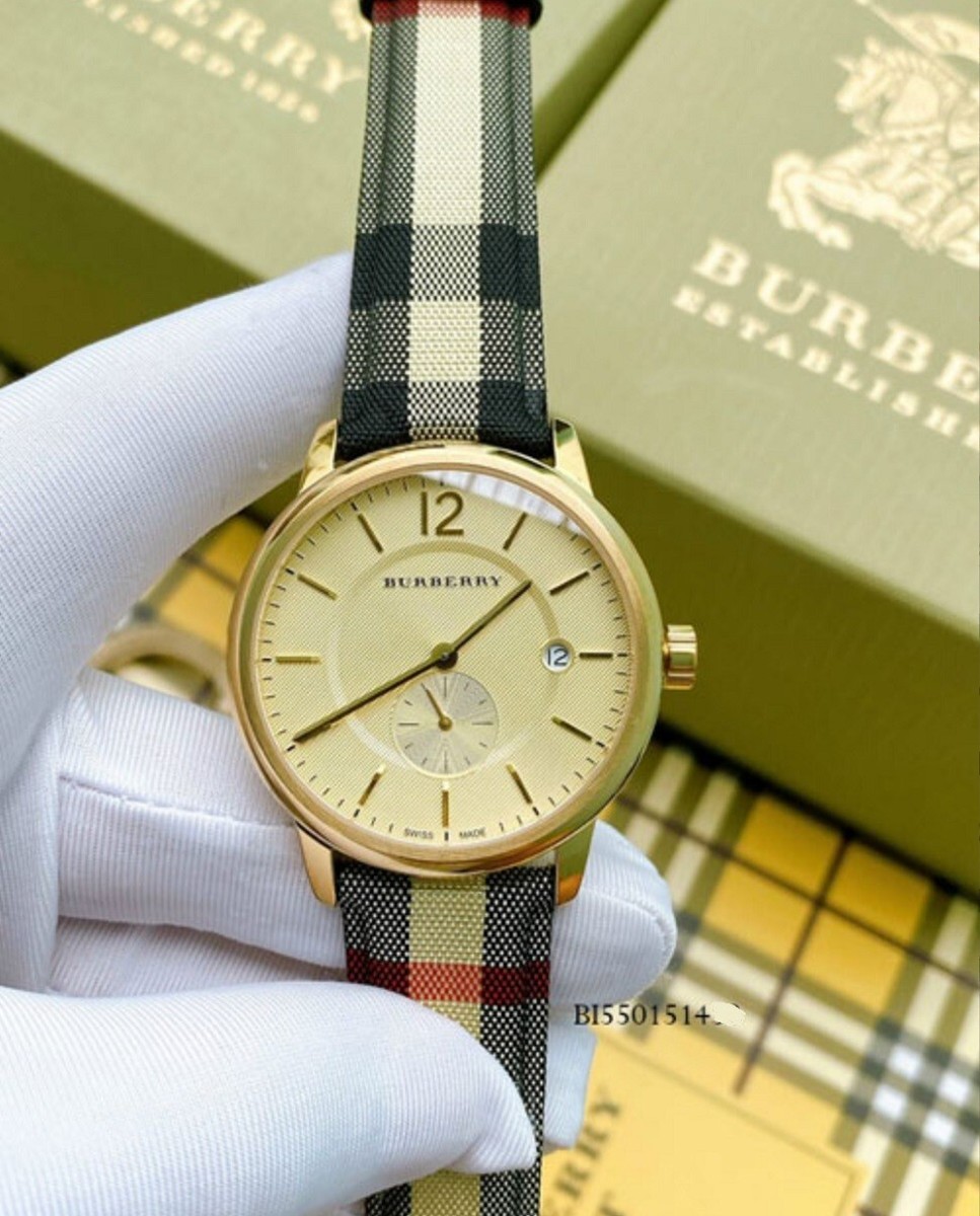 BURBERRY MENS WATCH LEATHER AND FABRIC MULTICOLOUR STRAP & GOLD