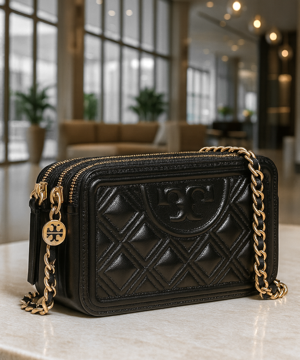NEW Tory Burch Fleming Black Leather Double Zip Mini Shoulder