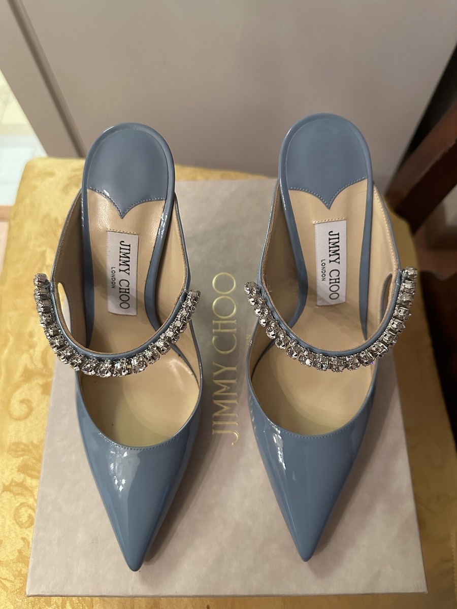 NWB JIMMY CHOO Bing Blue Patent Leather Pointed Toe Mules Size