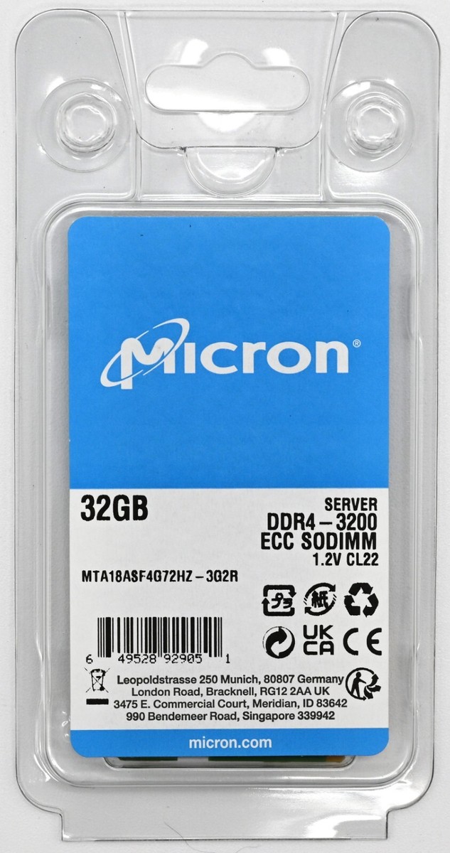 Micron 32GB DDR4 3200Mhz ECC SODIMM Laptop Memory MTA18ASF4G72HZ