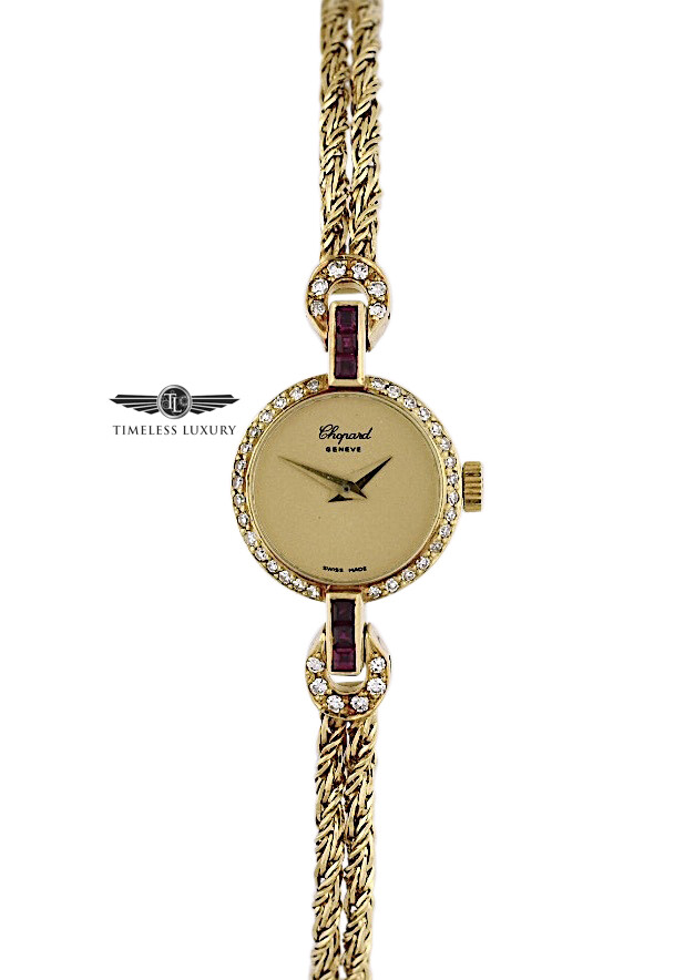 Ladies Chopard 18k Yellow Gold 16mm Diamond & Ruby Cocktail Watch