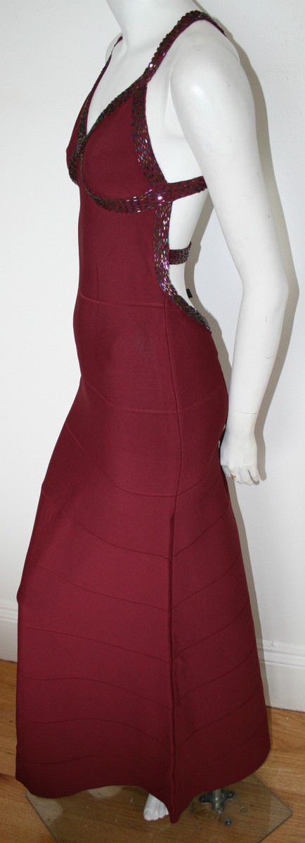 authentic Herve Leger vintage maroon red Bandage Stretch Gown NEW