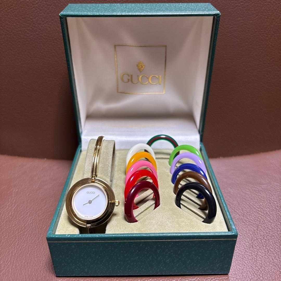 GUCCI Change Bezel 11 Colors Gold White Dial Wristwatch Working W