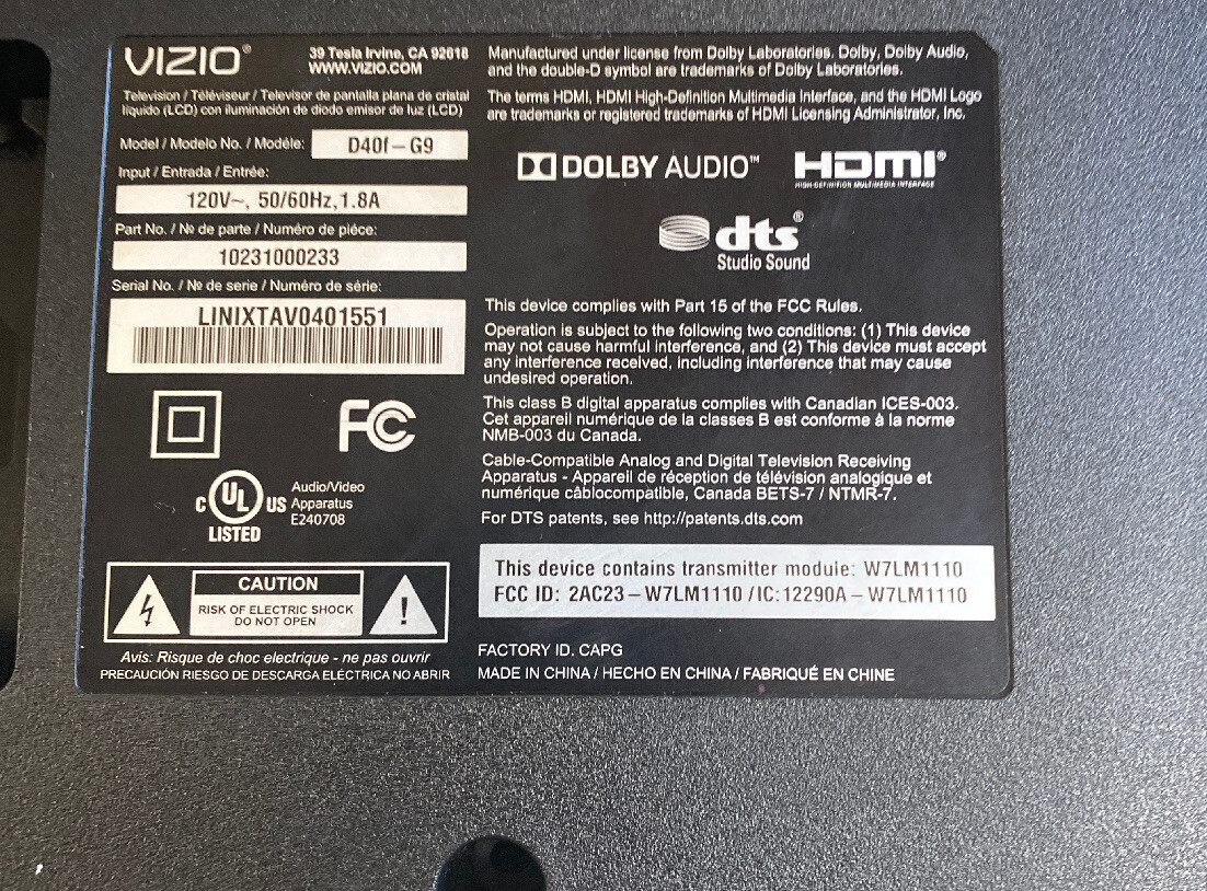 Vizio D40f-G9 Tv Oem Back Panel Cover | eBay