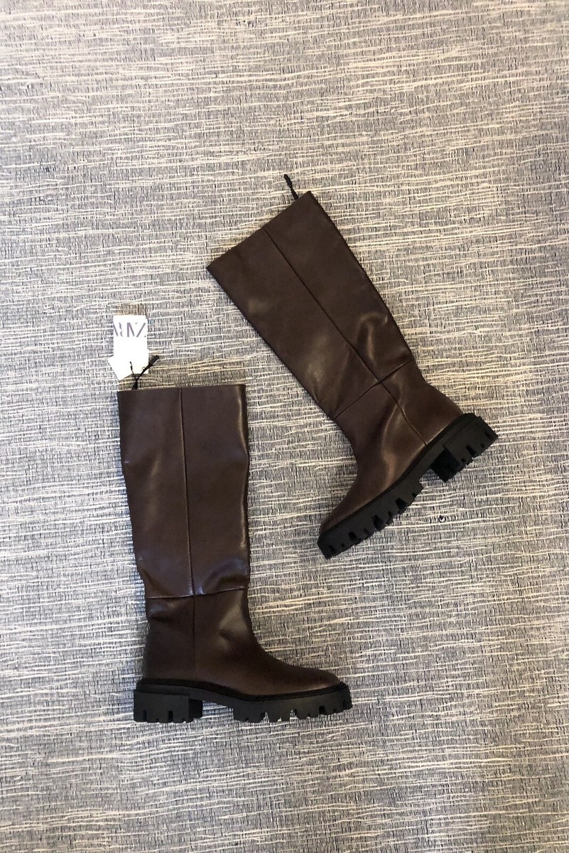 Zara Dark Brown Flat Real Leather Track Sole Knee High Boots UK8