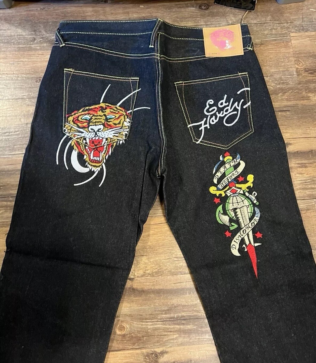 NWT Ed Hardy Jeans Men 40x35 Black Christian Audigier Baggy Y2K