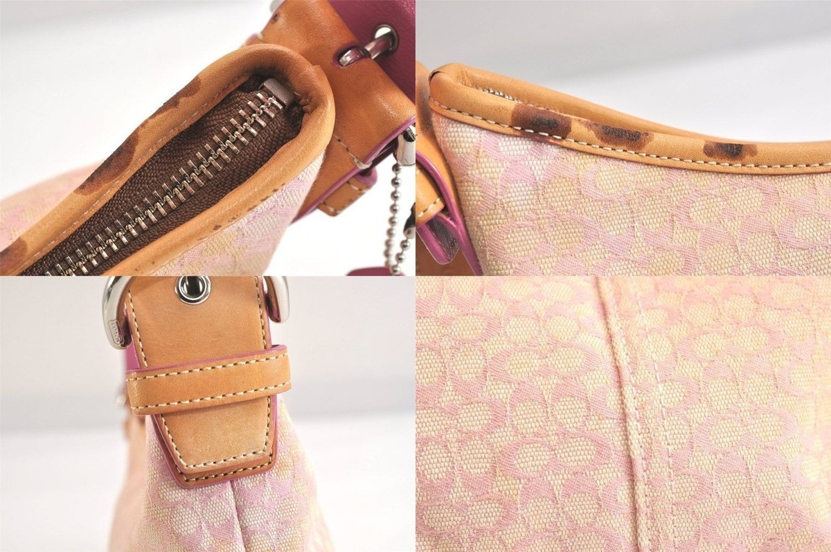 COACH Hobo Mini Signature One-Shoulder Bag Pink Leather Canvas