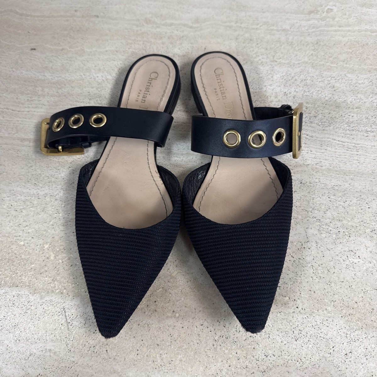 CHRISTIAN DIOR D-Dior Black Canvas Leather Pointed Toe Gold Flat