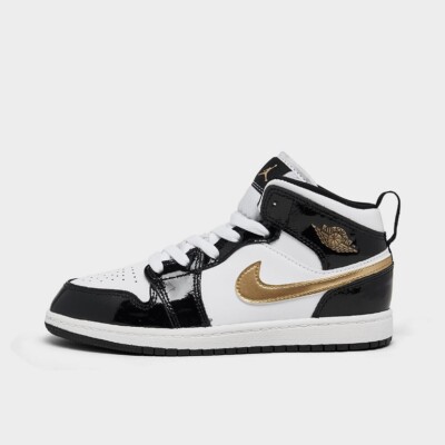 Jordan 1 Mid Patent Black White Gold Little Kids Sizes 9c, 10c