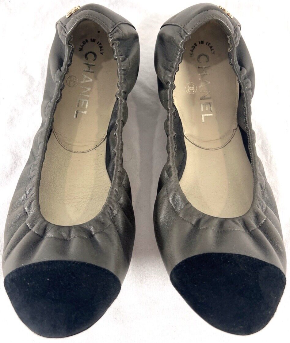 CHANEL Gray Elastic Leather Black Suede Cap Toe Flat Ballet