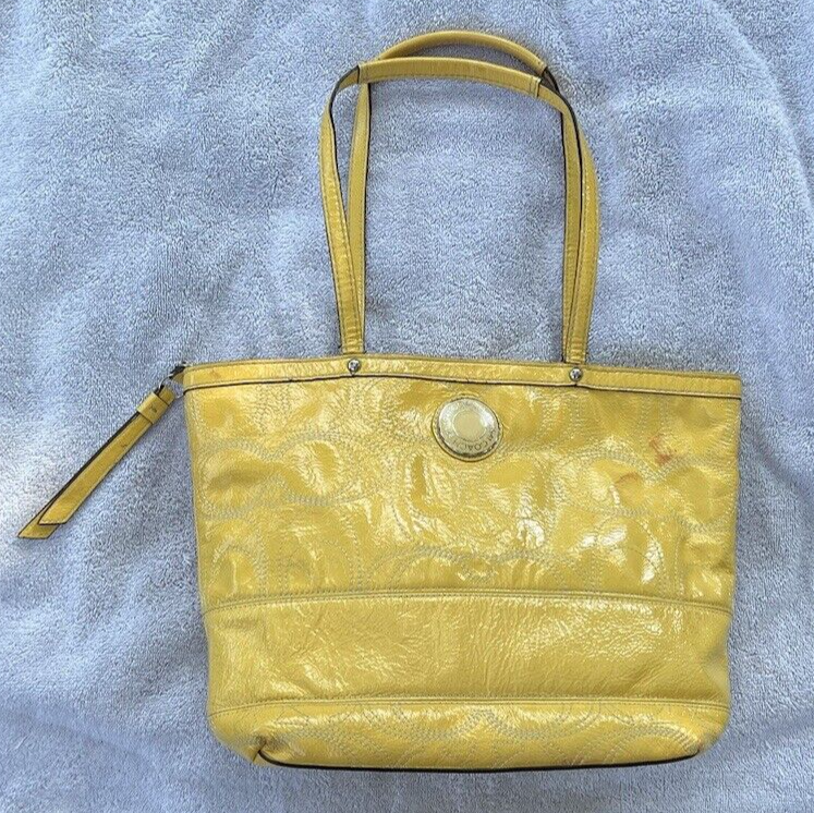 Coach Signature F19198 Yellow Patent Leather Stitch Tote Bag