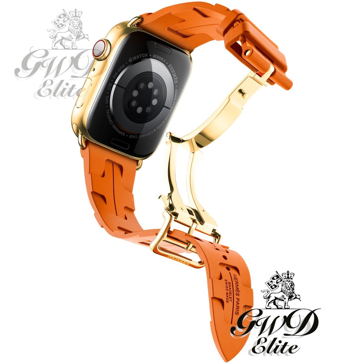 45mm Hermes Apple Watch Series 9 24k Gold Plated Orange Deployment