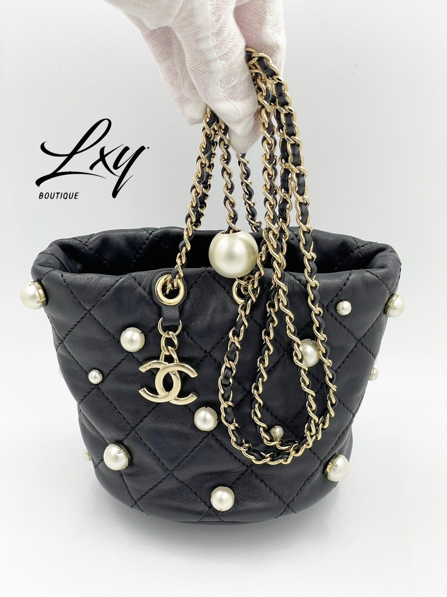 Chanel Mini Bucket Lambskin Quilted Pearl Drawstring Bag Black