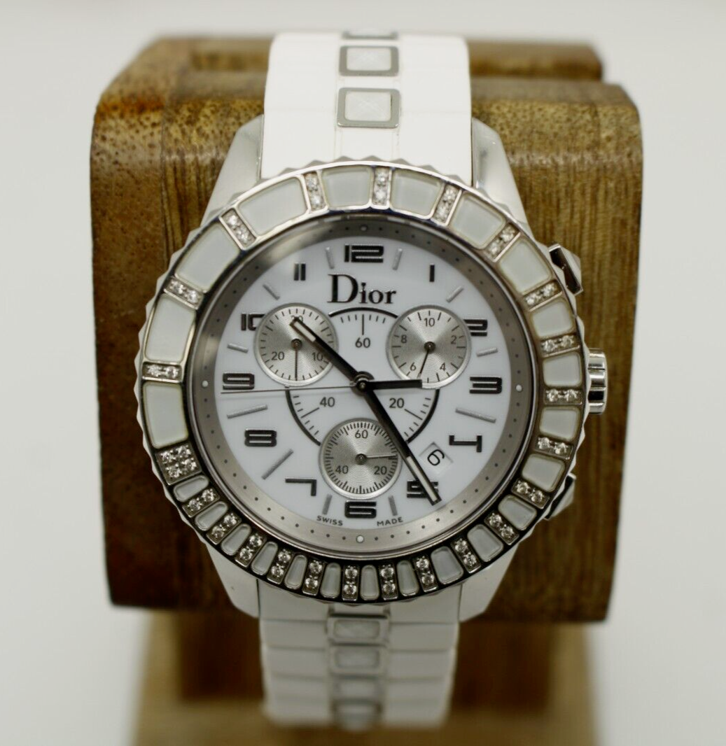 Dior Christal White Chrono Dial, 38mm Diamond Bezel Watch CD114311