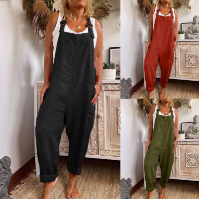 Women Cotton Linen Strappy Jumpsuit Dungaree Casual Loose Pockets