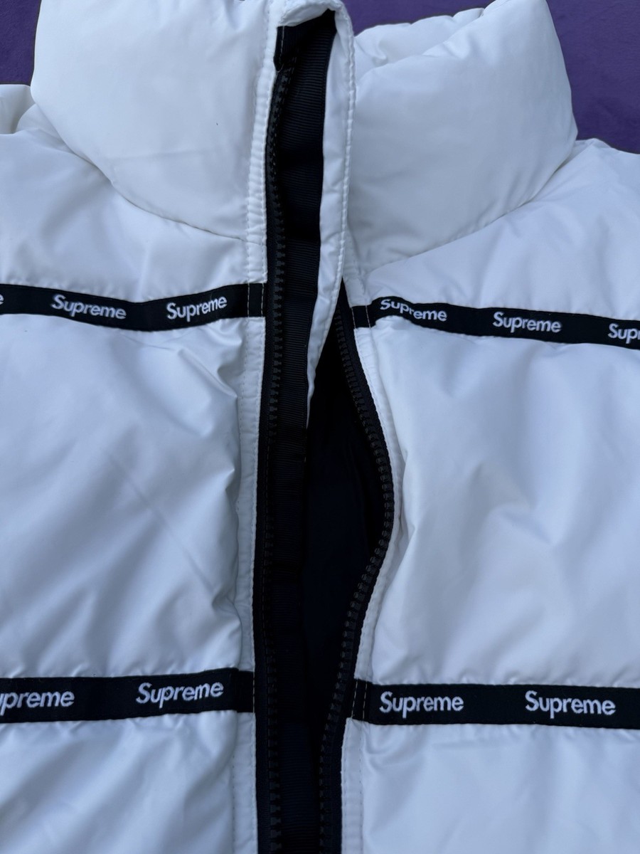 FW16 Supreme Logo Tape Puffy Jacket Size XL White Puffer Water
