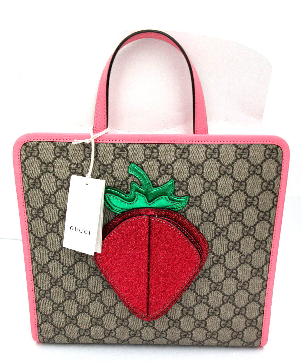NEW GUCCI Kids GG Supreme Pink 3D Strawberry Top Handle Tote Bag