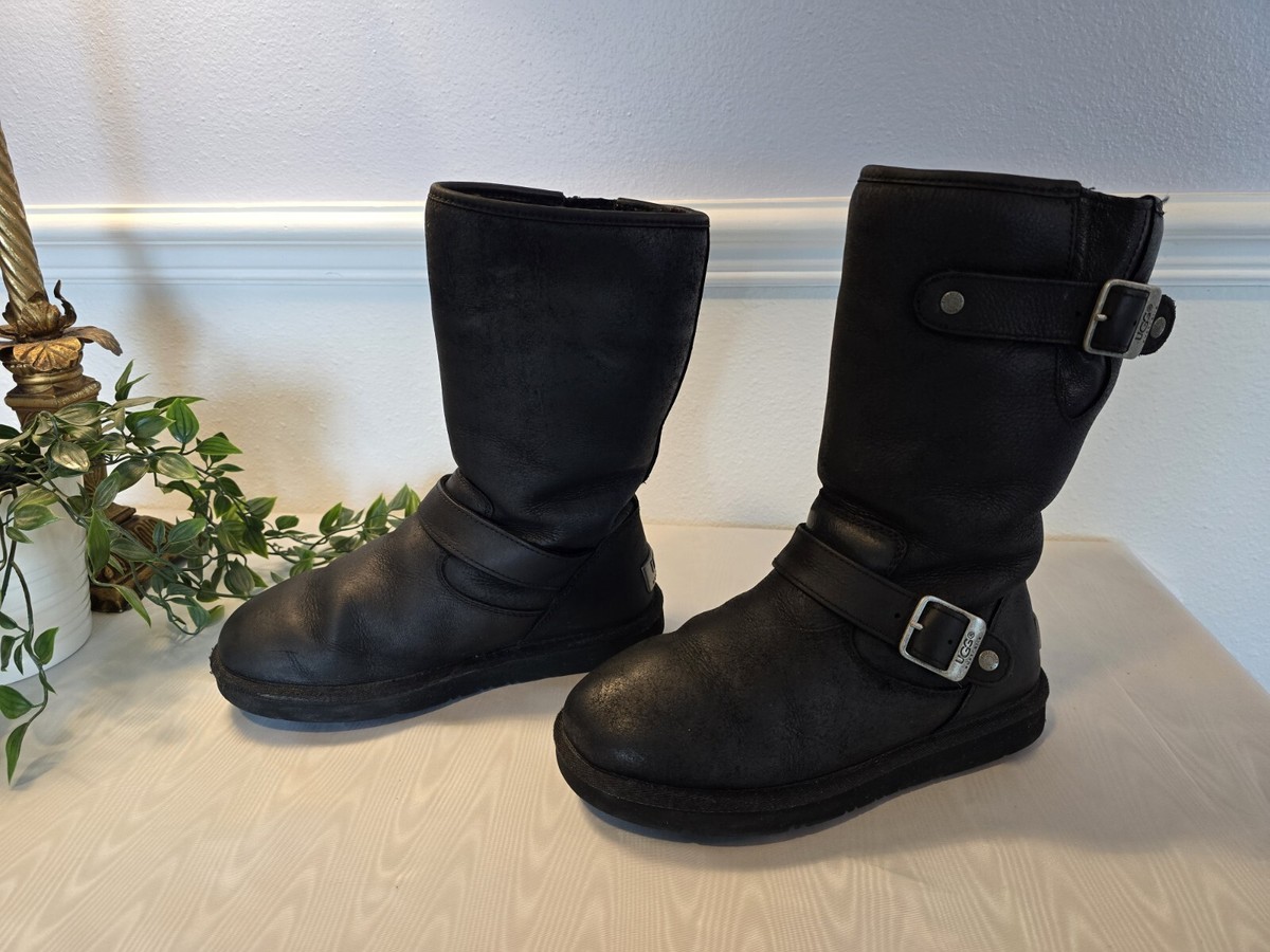 UGG Black Kensington Moto Leather Sherpa Boots Buckles Women's US