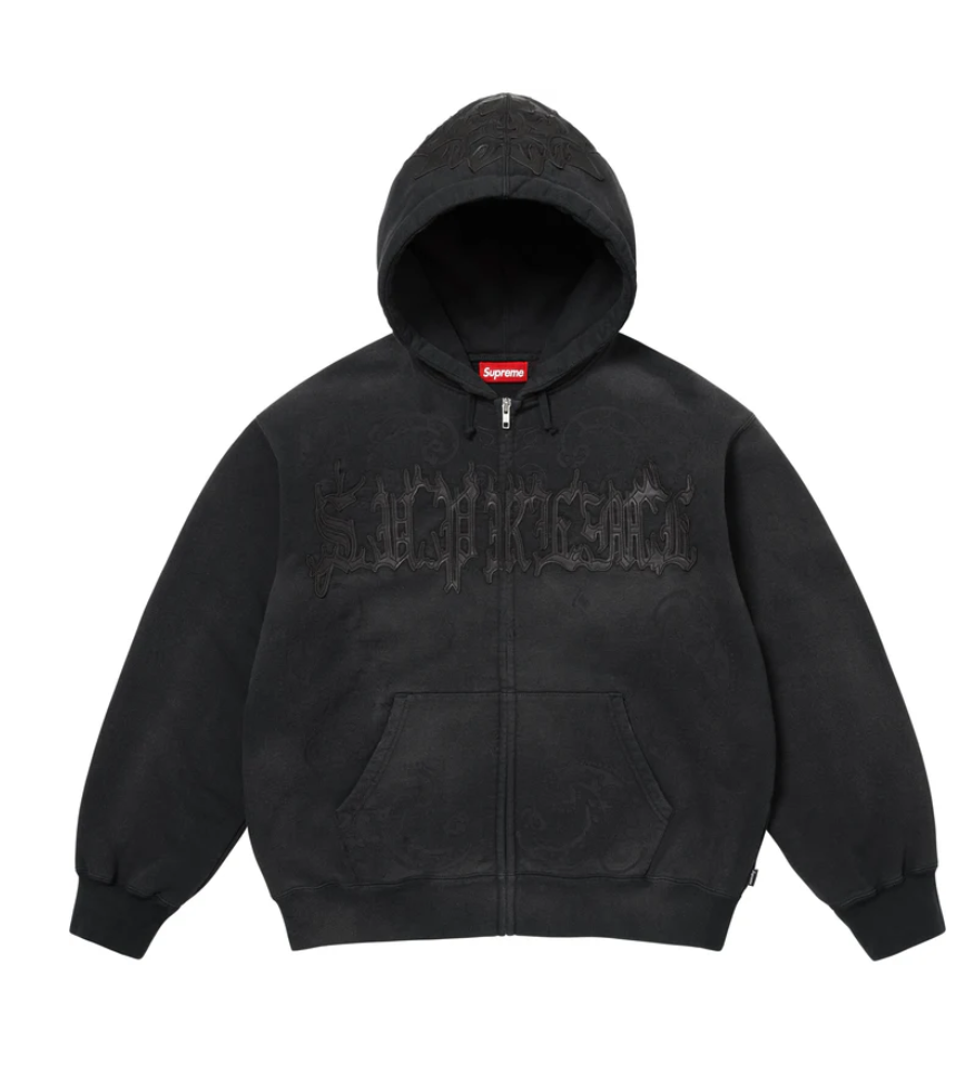 New Supreme Leather Applique Zip Up Hooded Sweatshirt Black Hoodie