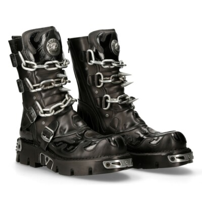 New Rock Unisex M.727-S1 Black Leather Boots Skull Chain Flame
