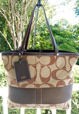 Coach 10124 Small Brown Signature C Canvas Tote Bag w/Stripe | eBay