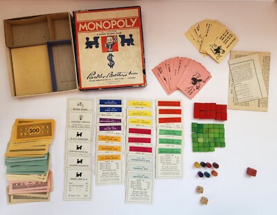 Vintage 1936 Monopoly Game Parker Brothers Blue Red Box Wooden