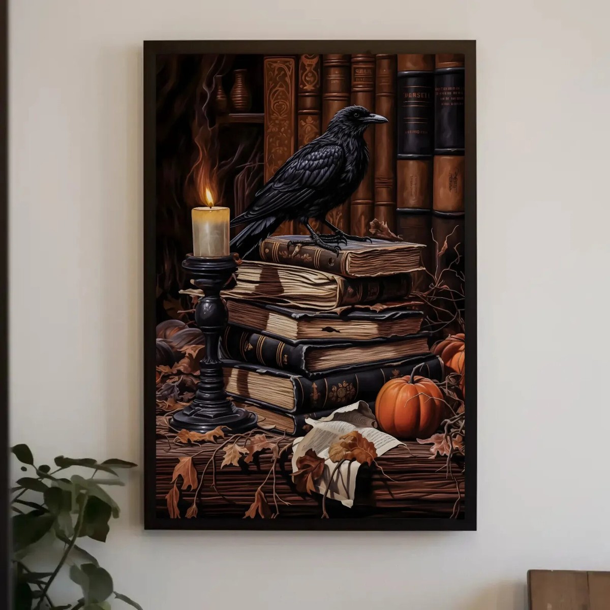 Dark Academia Wall Art: Gothic Black Raven on Books Fantasy Wall