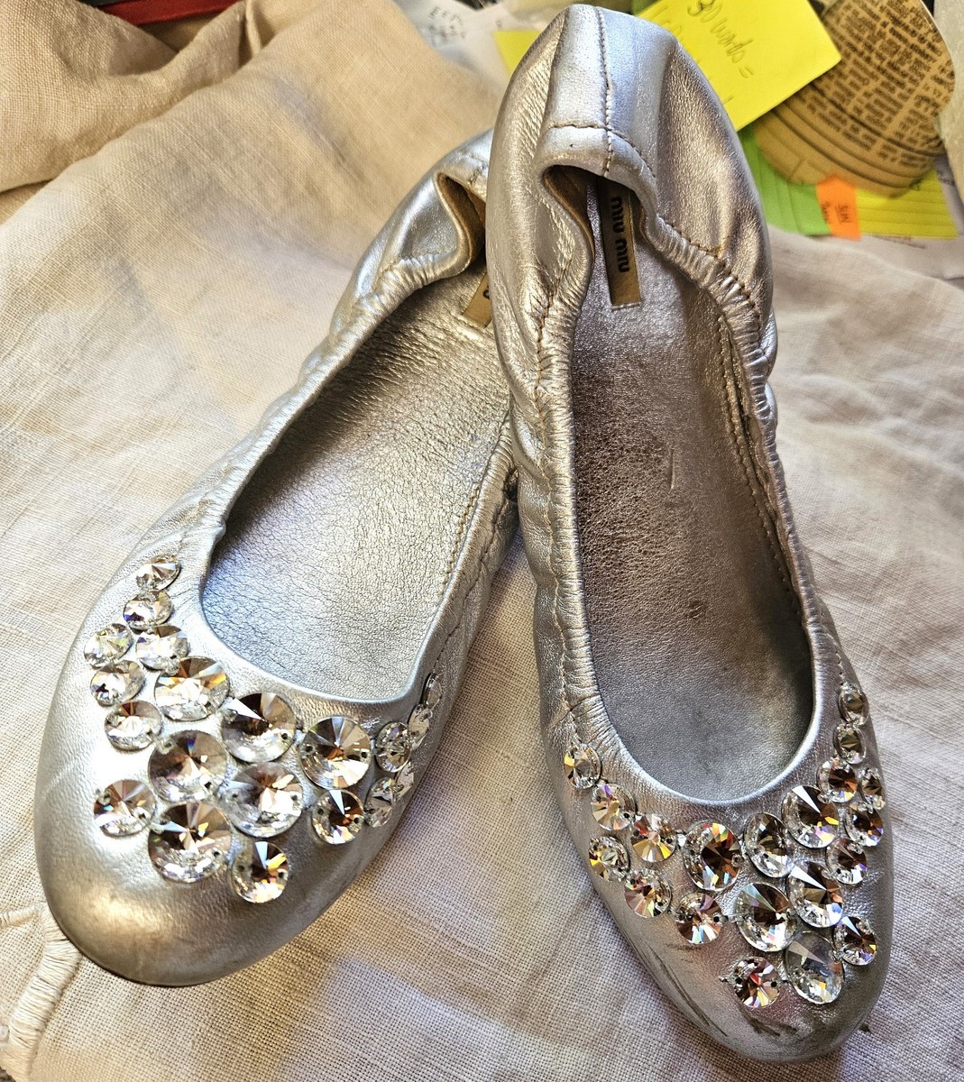 Miu Miu silver ballet flat prism crystal embellished, elastic heel