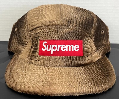 FW16 SUPREME EMBOSSED CROC VELVET CAMP CAP BOX LOGO 5 PANEL HAT