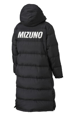 Mizuno Bench Long Coat Padded Jacket Black Winter Hood Duck GYM