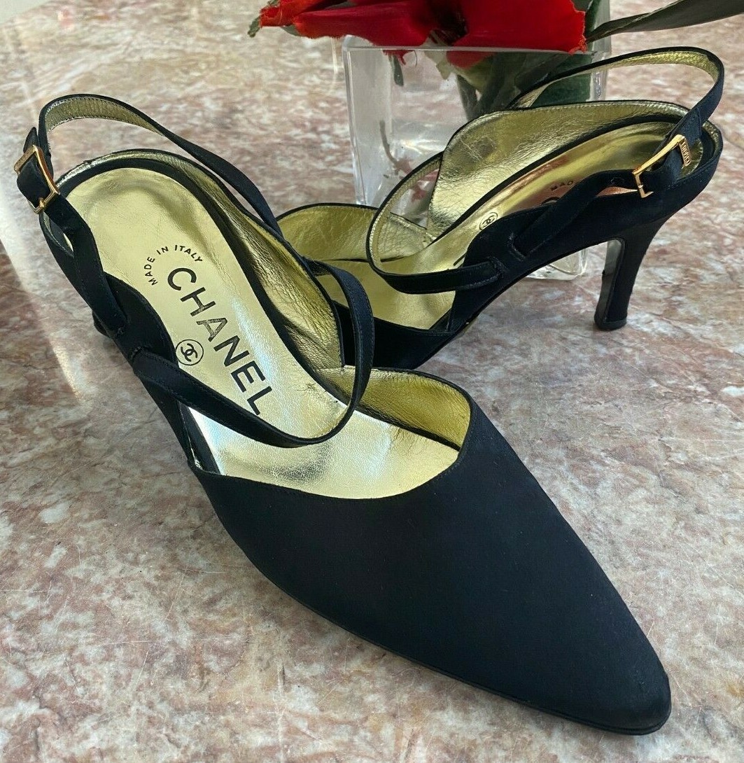 CHANEL Black Satin Pointed Toe Slingback Heels Pumps Size 37/US 7