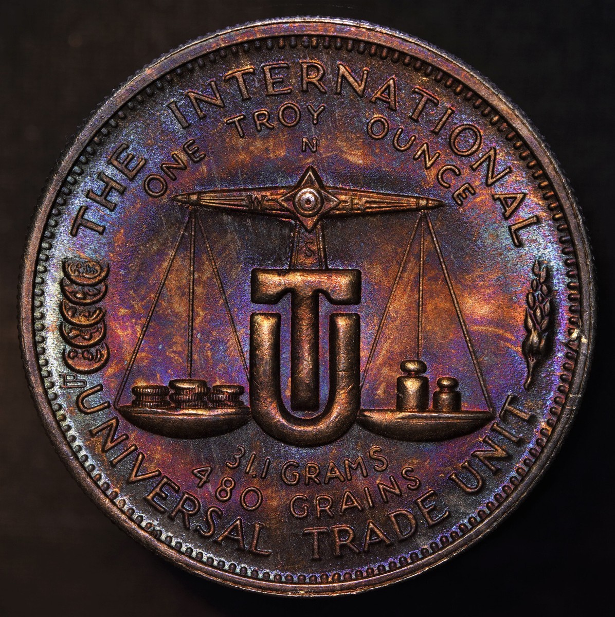 1973 World Trade Unit Argent Plata Silber TONED 1oz 999 FINE