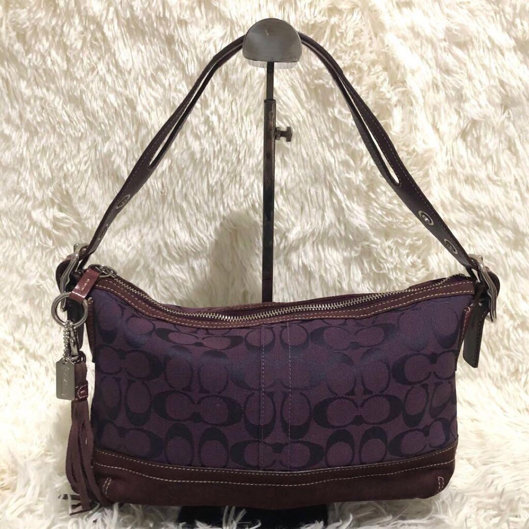 COACH Shoulder Bag One Strap Signature Purple Leather Suede Pocket