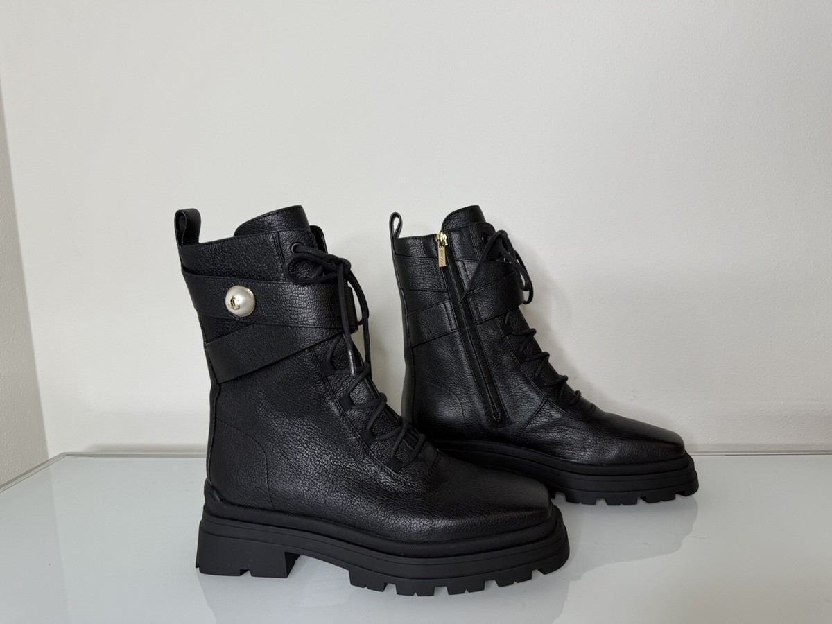 NEW Jimmy Choo NOEMI Combat Moto Lace Up Logo Boot Black Leather