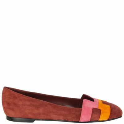 60049 auth HERMES burgundy suede pink orange H NICE Ballet Flats