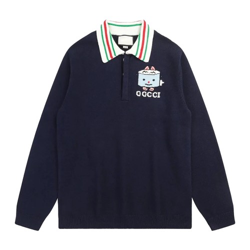 Authentic Men's Gucci Navy Cotton Knit Polo Shirt Sweater 736022