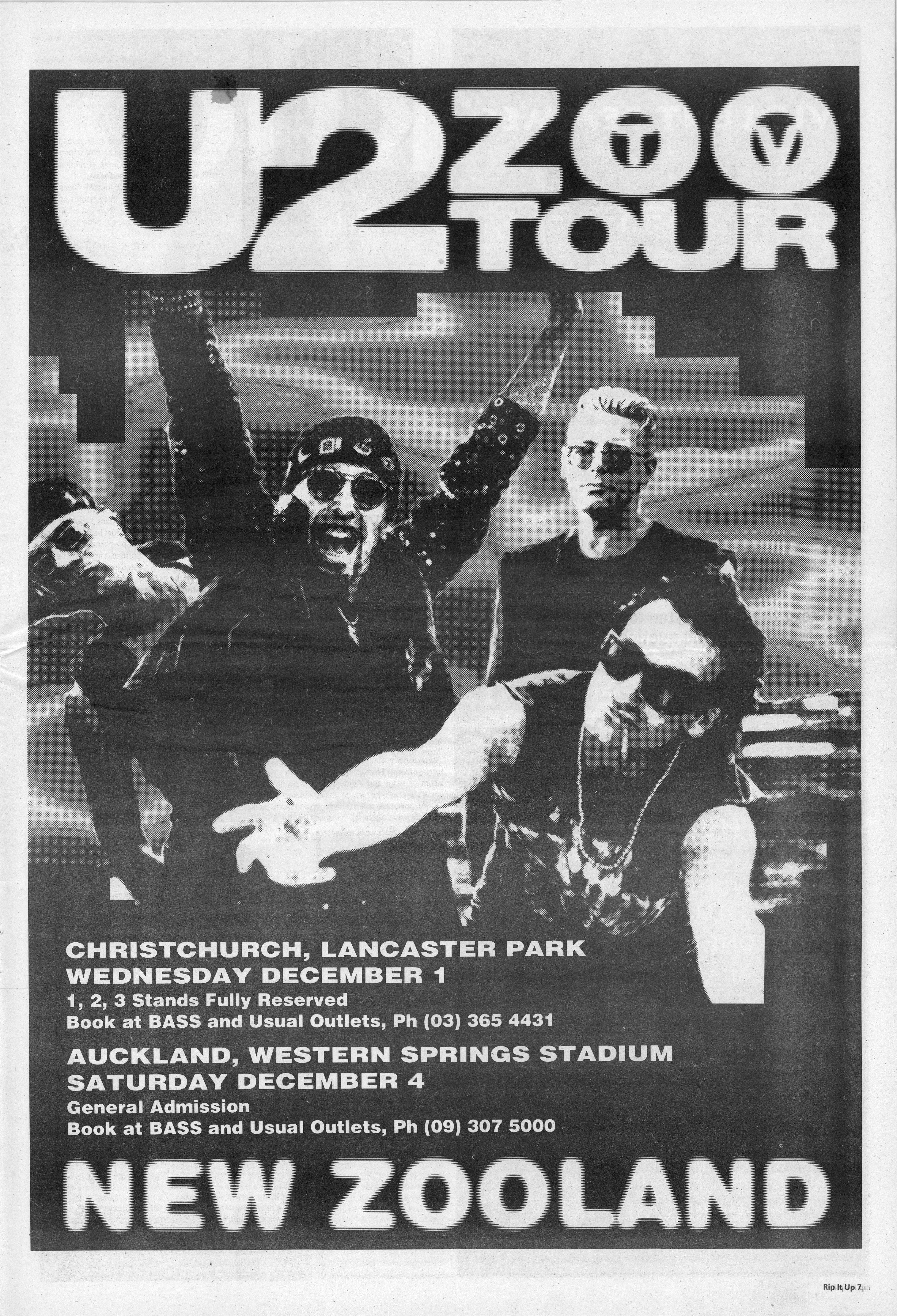 Full page ad for the New Zealand Zoo TV tour dates - Rip It Up