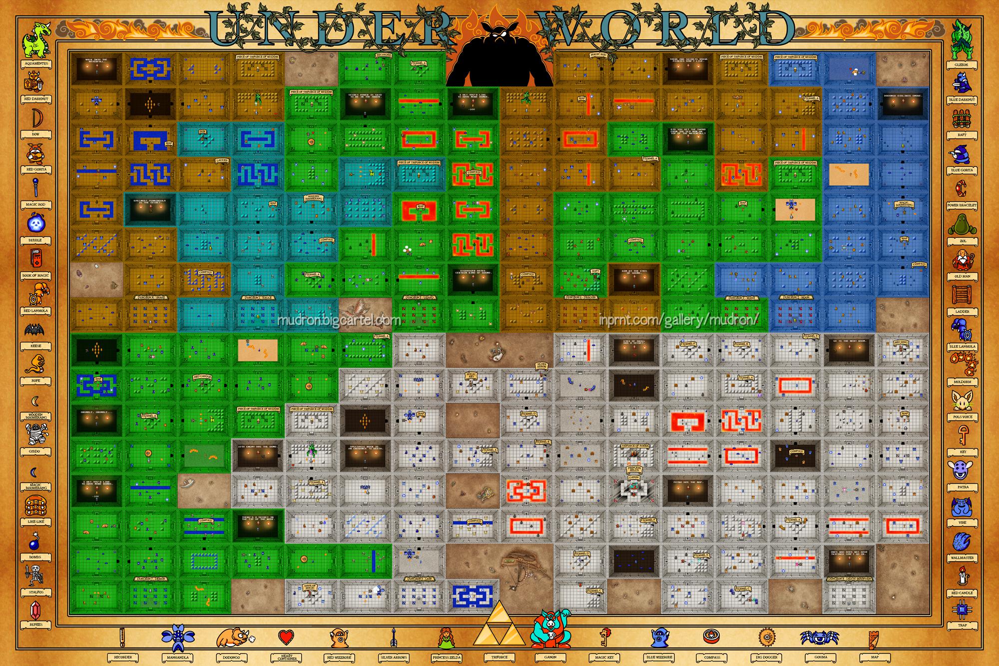 ファミコン版ゼルダのダンジョンがどう繋がっているかを示す地図