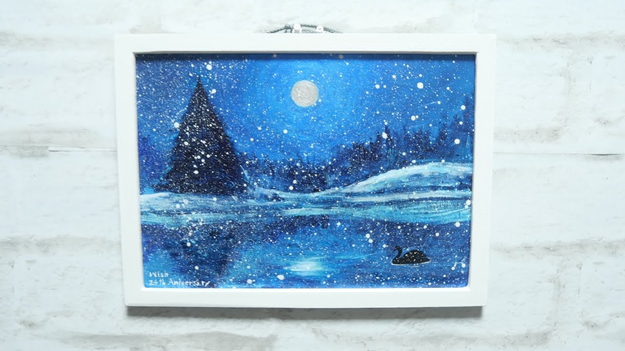 油絵】冬の池に登る満月 #油彩画 #芸術 #油絵 #絵 #絵画 #風景画 #oil