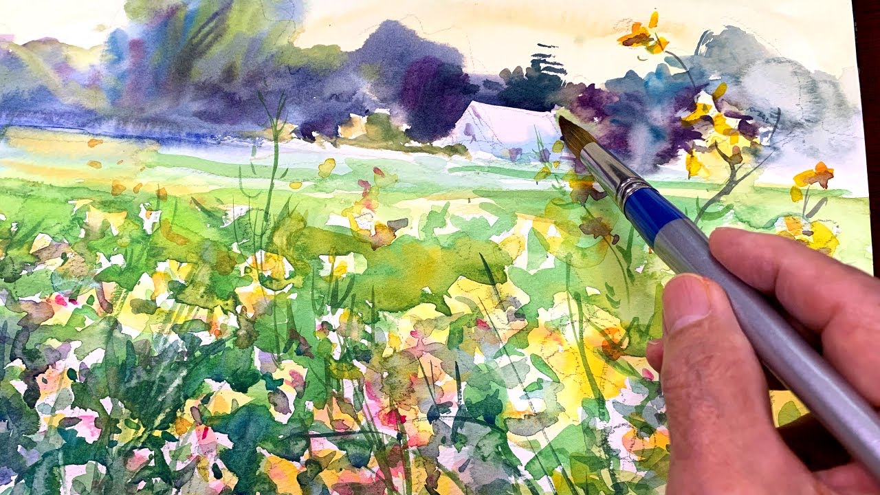 Eng sub] Spring meadow landscape | Watercolor Painting Easy