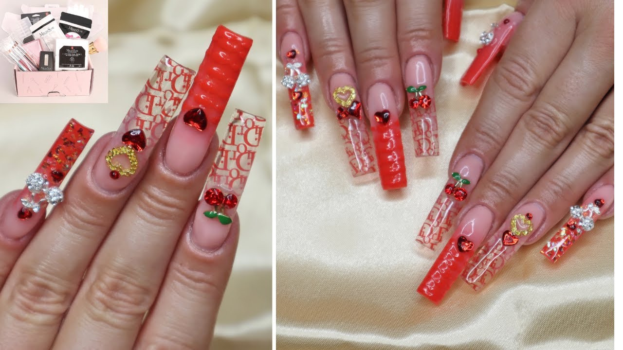 FIERY RED❤️‍🔥🍒DIOR POLYGEL NAILS DESIGN I 3D CROC PRINT I