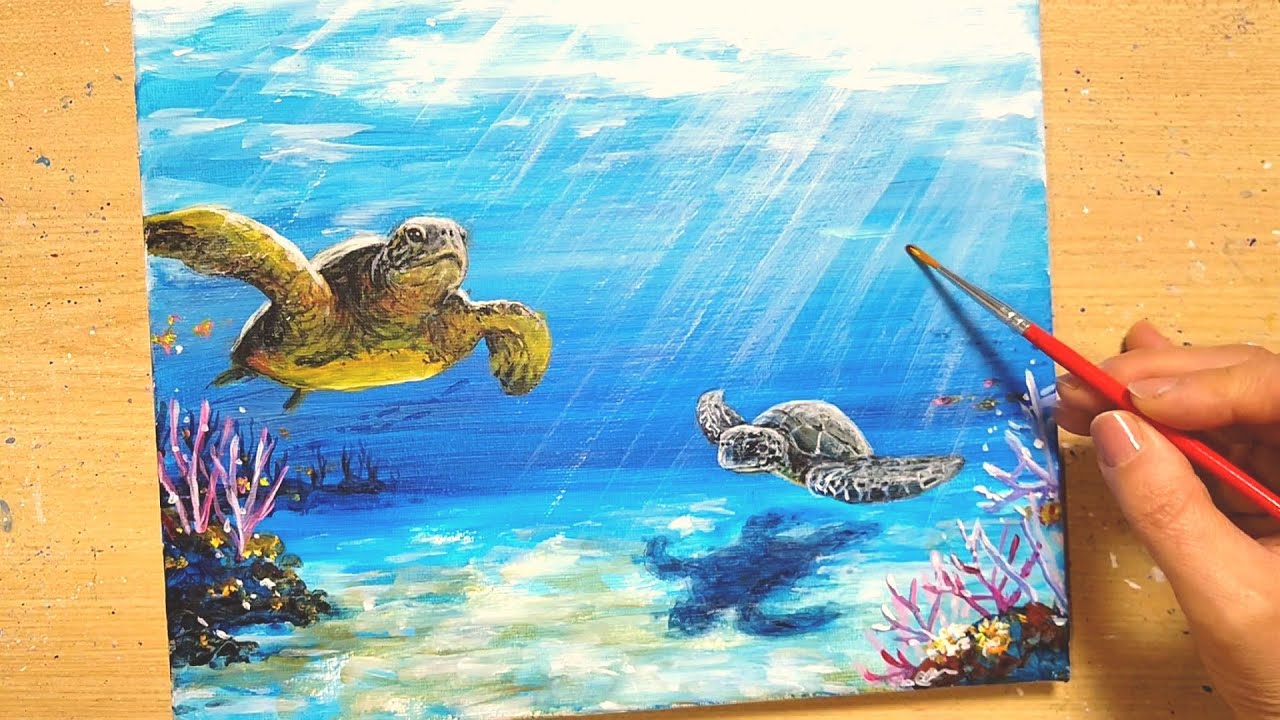 How to draw [sea turtles] with acrylic paint /Scenery in the sea
