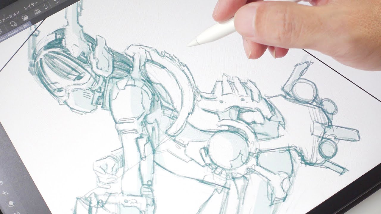 drawing on iPad : 強化スーツデザイン ラフスケッチ CLIP STUDIO
