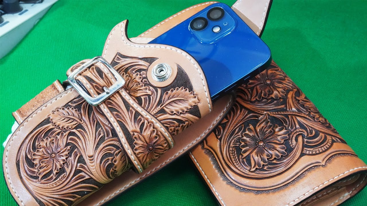 A cool holster-style case! A leather smartphone case with carvings