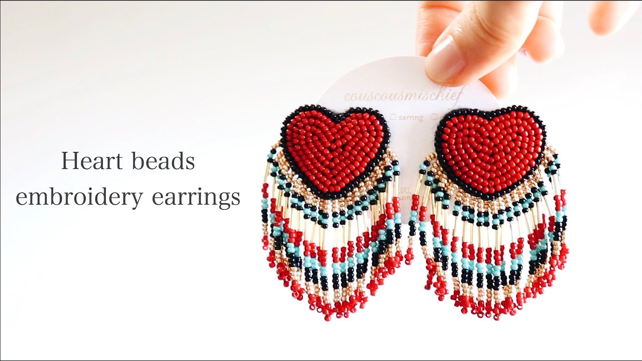 ハートタッセルビーズ刺繍ピアスの作り方｜初心者でも簡単DIY making a
